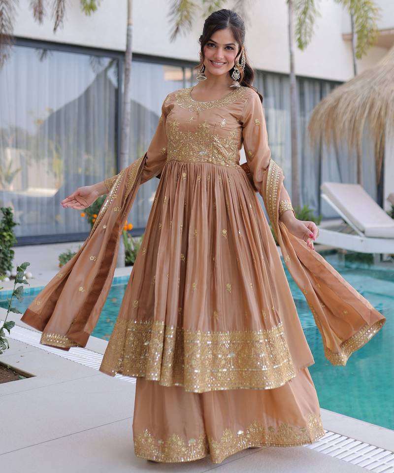 Chiku color super silk fabric beautiful ceremonial suit with dupatta