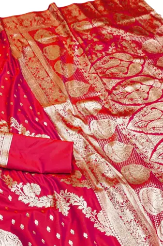 rani pink zari woven silk blend saree with rich zari