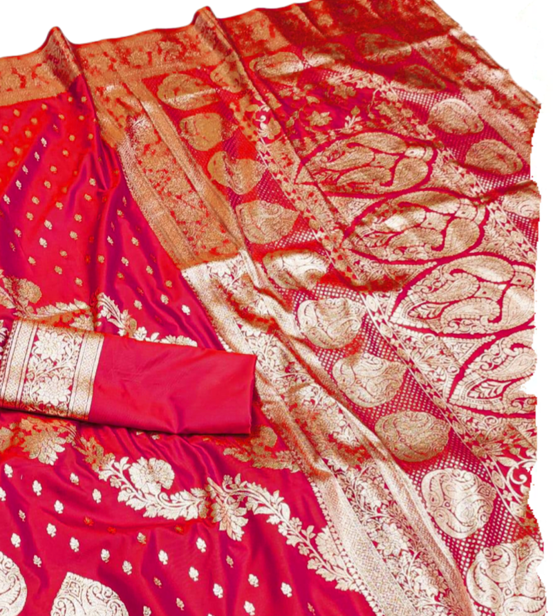 rani pink zari woven banarasi silk blend saree with rich zari
