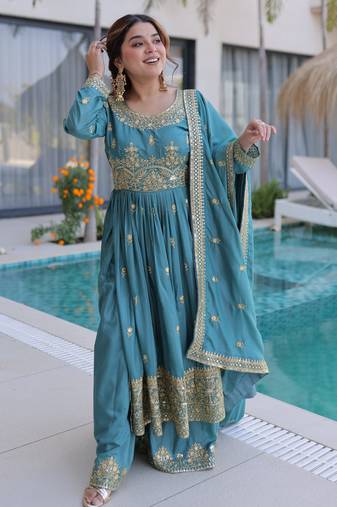 Sky blue color super silk fabric beautiful ceremonial suit with dupatta