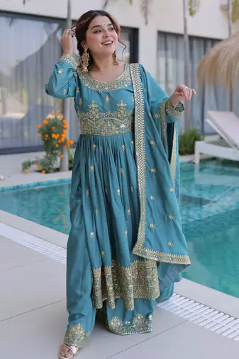 Sky blue color super silk fabric beautiful ceremonial suit with dupatta