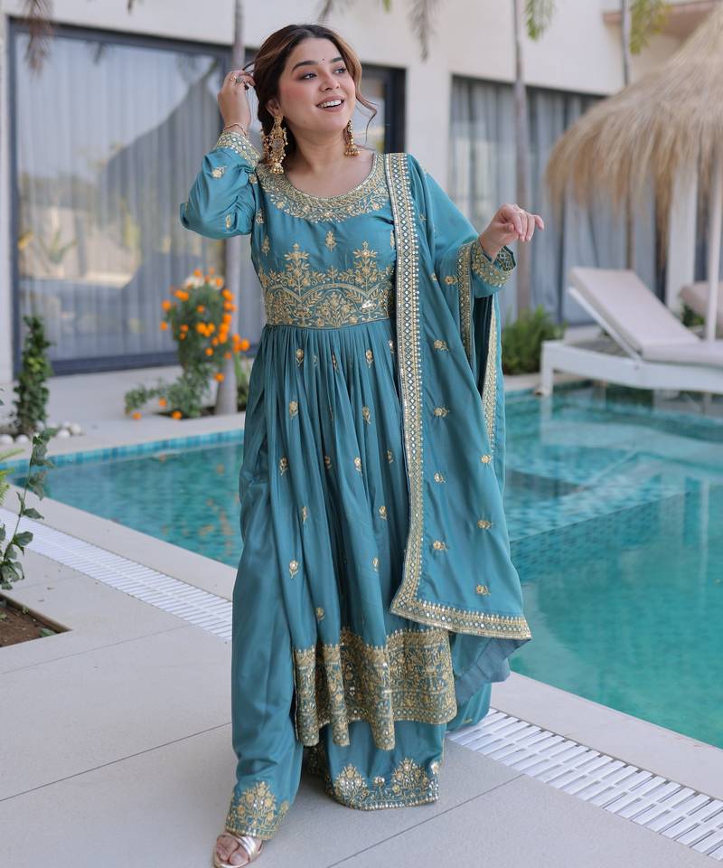 Sky blue color super silk fabric beautiful ceremonial suit with dupatta