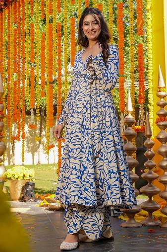 Blue color designer partywear anarkali style top with bottom for graceful looks