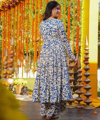 Blue color partywear anarkali style top with bottom for graceful looks 2