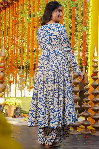 Blue color partywear anarkali style top with bottom for graceful looks