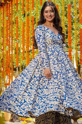 Blue color partywear anarkali style top with bottom for graceful looks