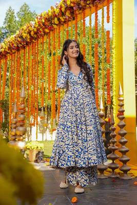 Blue color partywear anarkali style top with bottom for graceful looks 5