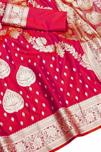 rani pink zari woven silk blend saree with rich zari