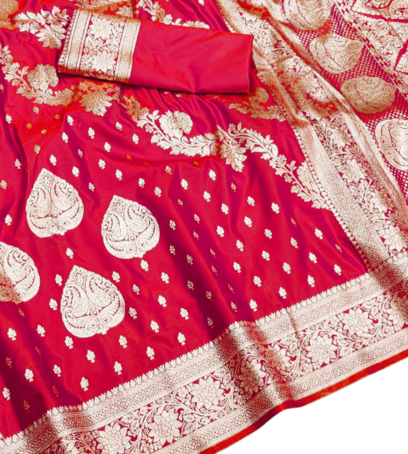 rani pink zari woven banarasi silk blend saree with rich zari