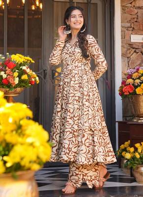 Mustard color partywear anarkali style top with bottom for graceful looks 5