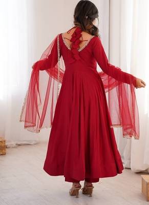 maroon roman silk chanderi fully flared anarkali set with dupatta & pant 2
