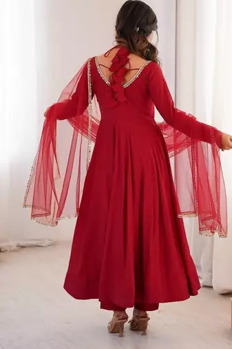 maroon roman silk chanderi fully flared anarkali set with dupatta & pant