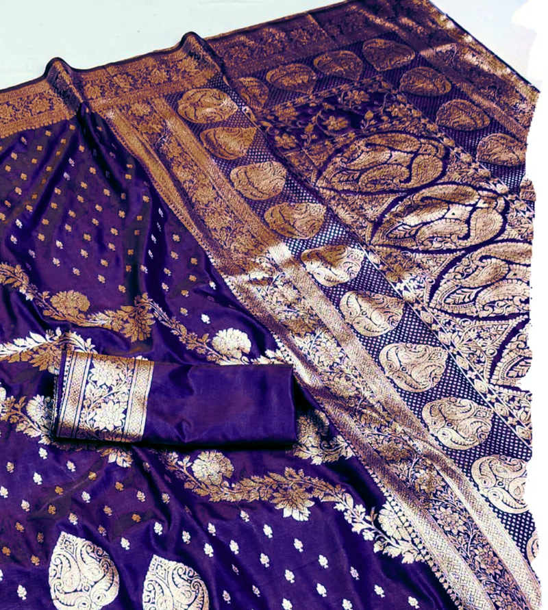 purple zari woven banarasi silk blend saree with rich zari