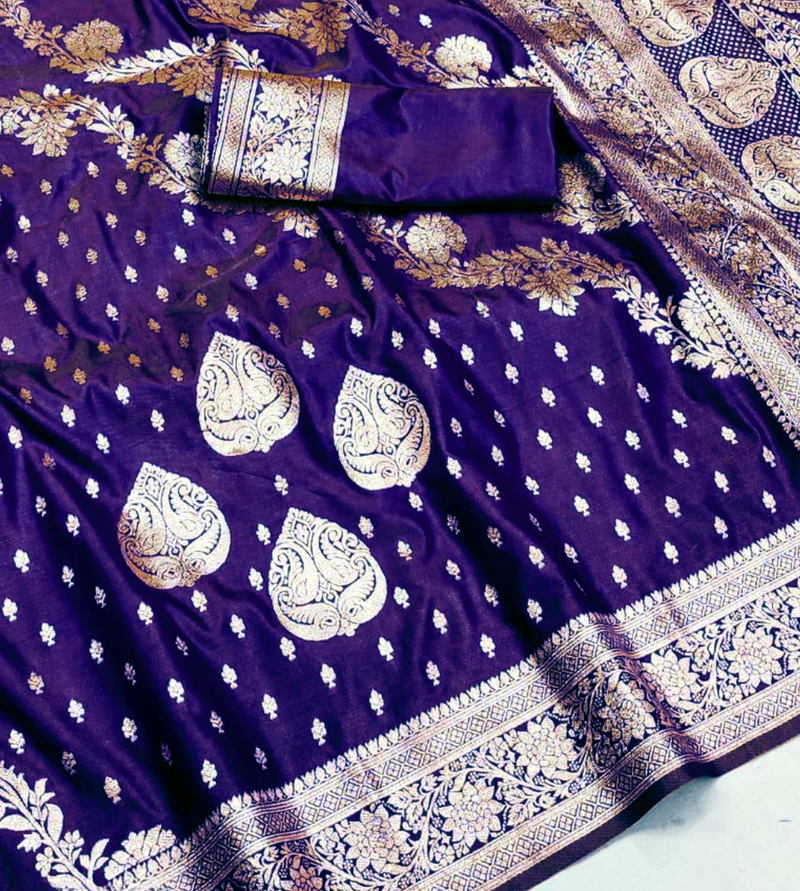 purple zari woven banarasi silk blend saree with rich zari
