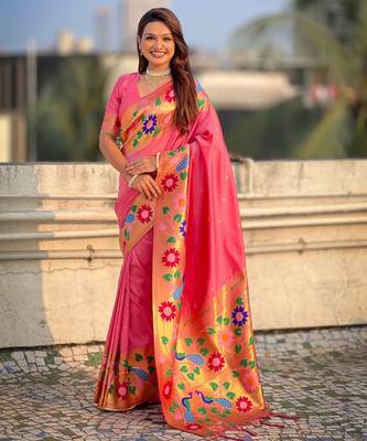baby pink paithani silk blend woven partywear saree 1