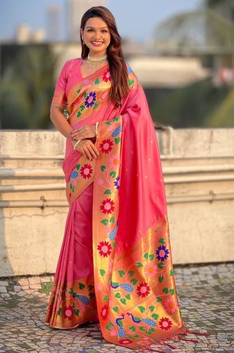 baby pink color paithani silk blend fabric woven designer partywear saree