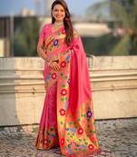 baby pink color paithani silk blend fabric woven designer partywear saree