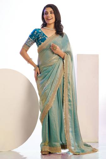 aqua  color stylish heavy partywear saree for rich girlie looks