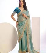 aqua  color stylish heavy partywear saree for rich girlie looks