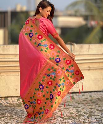 baby pink paithani silk blend woven partywear saree 2