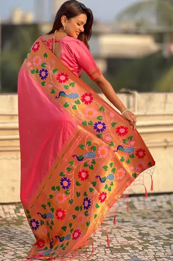 baby pink paithani silk blend woven partywear saree