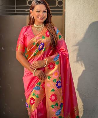 baby pink paithani silk blend woven partywear saree 3
