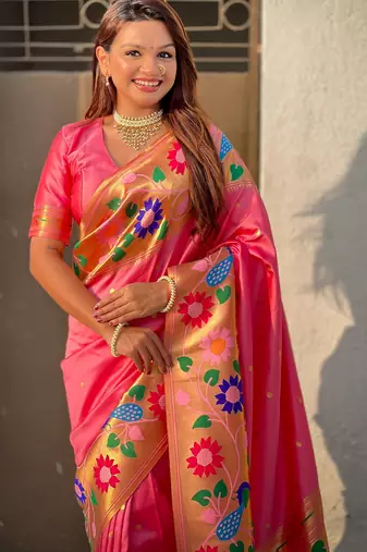 baby pink paithani silk blend woven partywear saree