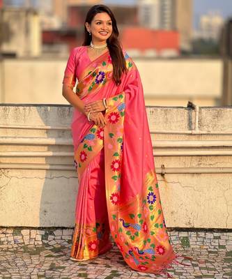 baby pink paithani silk blend woven partywear saree 4