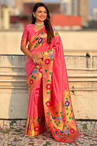 baby pink paithani silk blend woven partywear saree