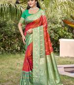 mustrd color pochampalli silk blend fabric woven designer ethnic partywear saree