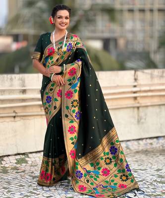 green paithani silk blend woven partywear saree 1