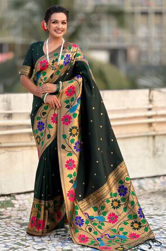 green color paithani silk blend fabric woven designer partywear saree