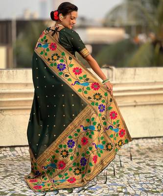 green paithani silk blend woven partywear saree 2