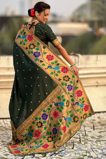green paithani silk blend woven partywear saree