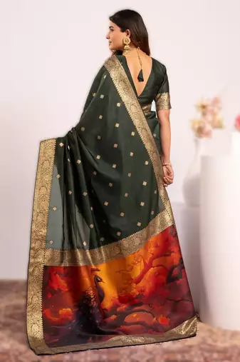 Green extraordinary banarasi silk blend saree with resham peacock pallu