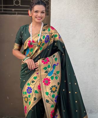 green paithani silk blend woven partywear saree 3