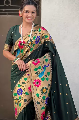 green paithani silk blend woven partywear saree