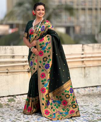 green paithani silk blend woven partywear saree 4
