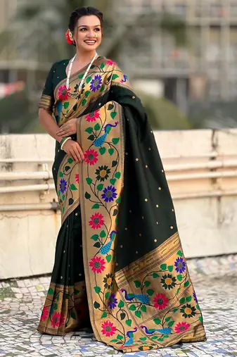 green paithani silk blend woven partywear saree