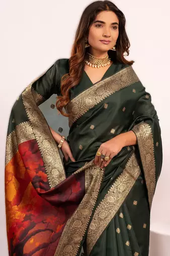 Green extraordinary banarasi silk blend saree with resham peacock pallu