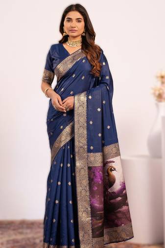 Navy blue extraordinary banarasi silk saree with resham peacock pallu