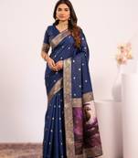 Navy blue extraordinary banarasi silk saree with resham peacock pallu