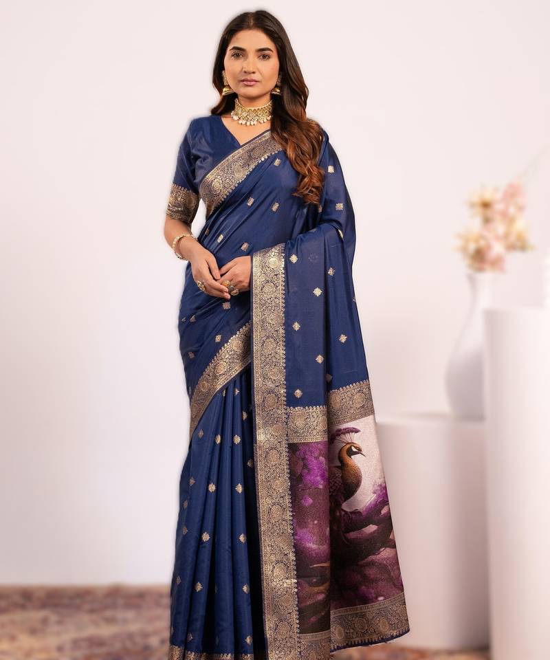 Navy blue extraordinary banarasi silk saree with resham peacock pallu