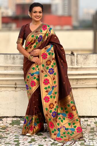 coffee color paithani silk blend fabric woven designer partywear saree