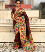 coffee color paithani silk blend fabric woven designer partywear saree