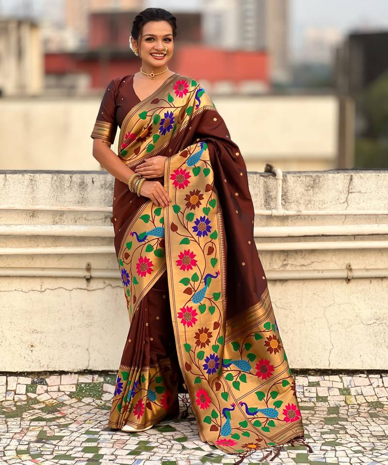 coffee color paithani silk blend fabric woven designer partywear saree