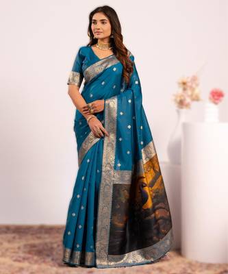 Sky blue extraordinary banarasi silk blend saree with resham peacock pallu 1