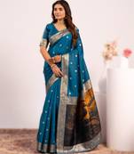 Sky blue extraordinary banarasi silk saree with resham peacock pallu