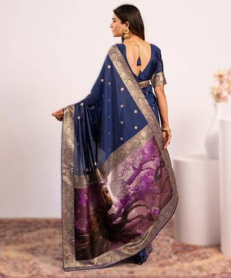 Navy blue extraordinary banarasi silk blend saree with resham peacock pallu 2