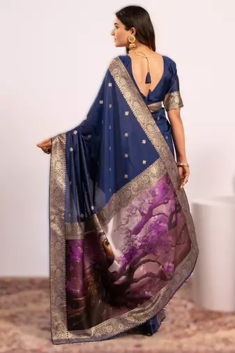 Navy blue extraordinary banarasi silk blend saree with resham peacock pallu